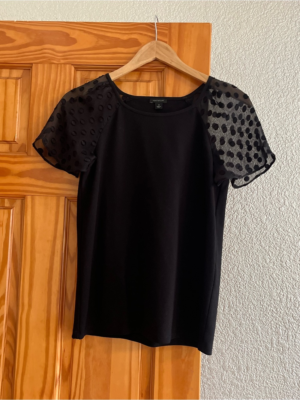Ann Taylor Black Short-Sleeve Tee with Sheer Polka-Dot Sleeves